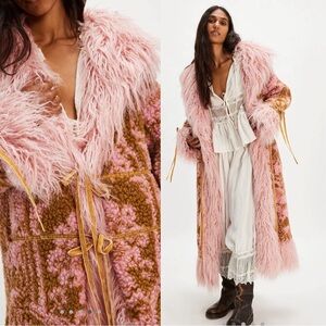 Free People Pink and Brown Faux Fur Coat - NWT